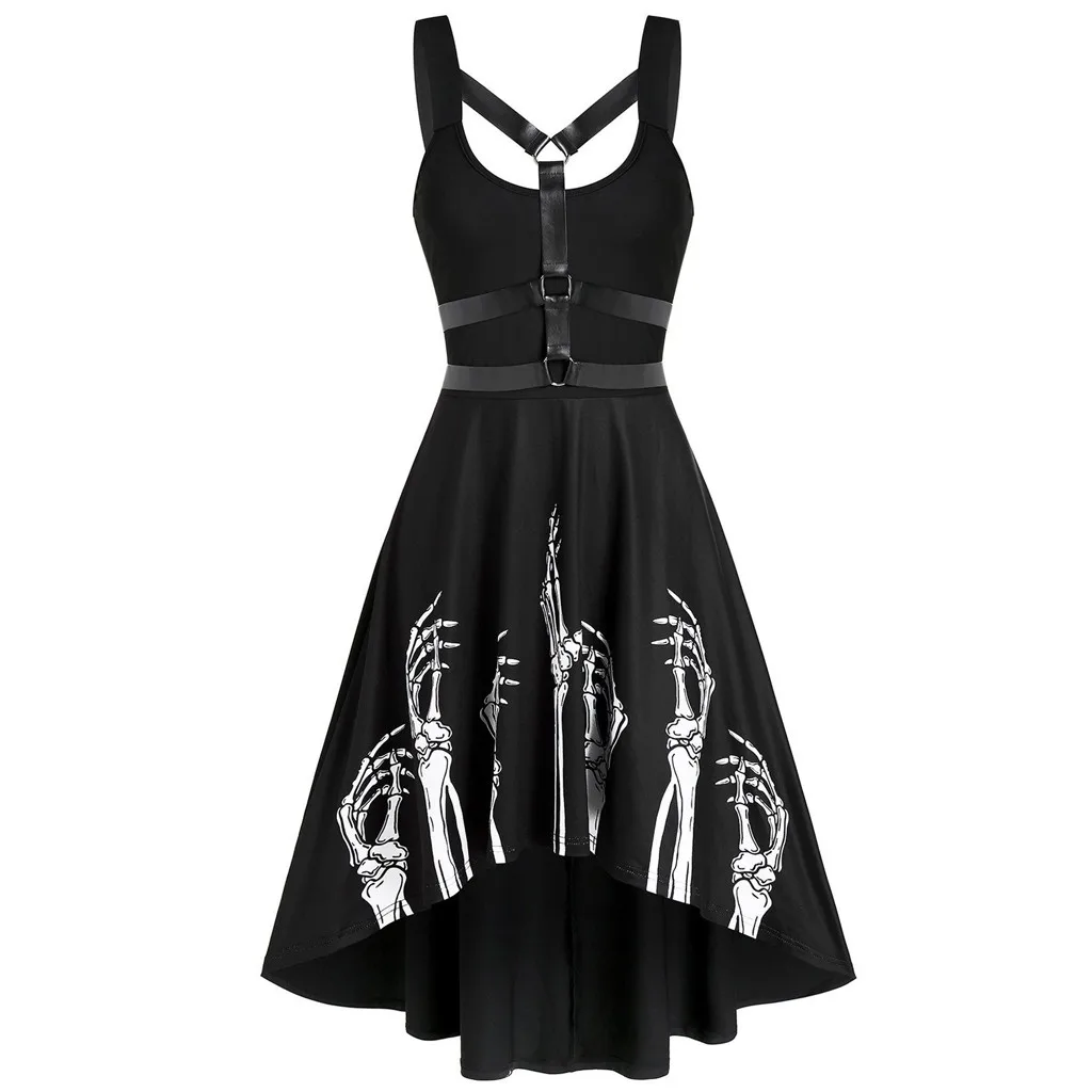 

45# Gothic Skeleton Print Spaghetti Strap Dress Women Sleeveless Bandage V Neck Swing Dress Dress A-line Halloween Party Dress