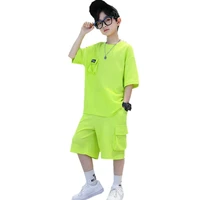 big boy short sleeve t shirt shorts sport 2pc sets summer childrens clothing teenage kids fluorescent green outfits 5 14years
