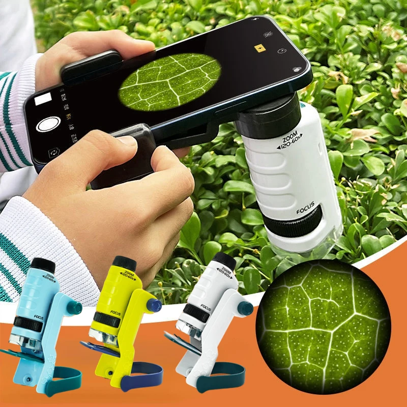 

Microscope Biological Educational Toys Kids Portable for Children Home School Science Kit LED Light 60X-120X STEM Gift Magnifier