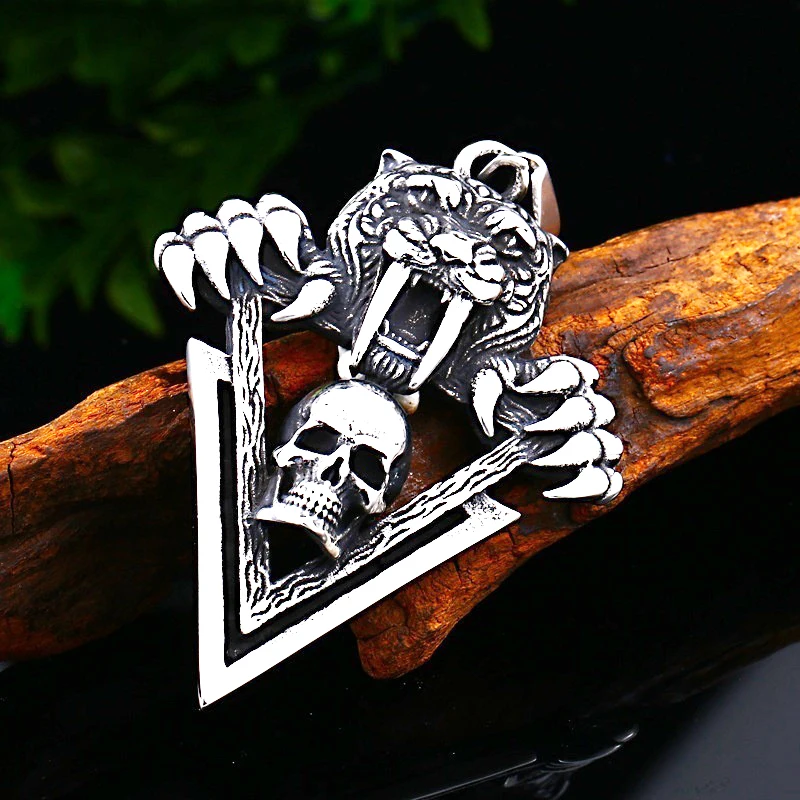 

retro Gothic Saber-Toothed Tiger Skull triangle Men Pendant Necklace fine Skull chain Accessories Jewelry for bff Party gifts