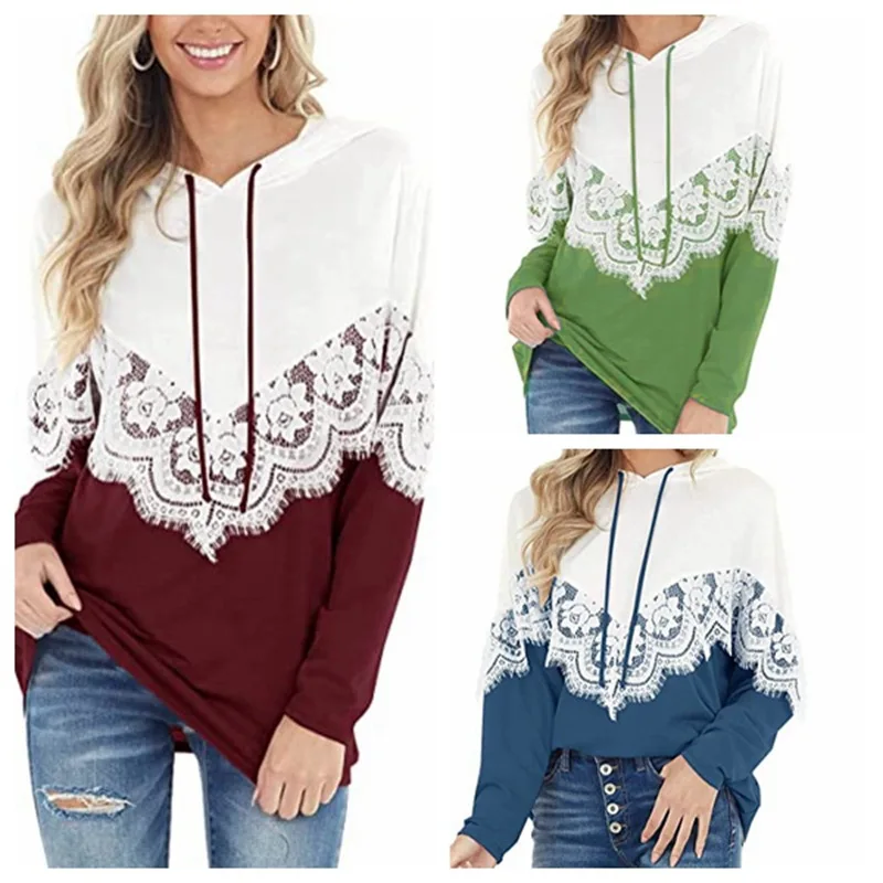 

Women's Spring and Autumn Fashion Long Sleeve Lace Colorblock Hooded Sweater Casual Commuter Versatile Office Tops Female Lady