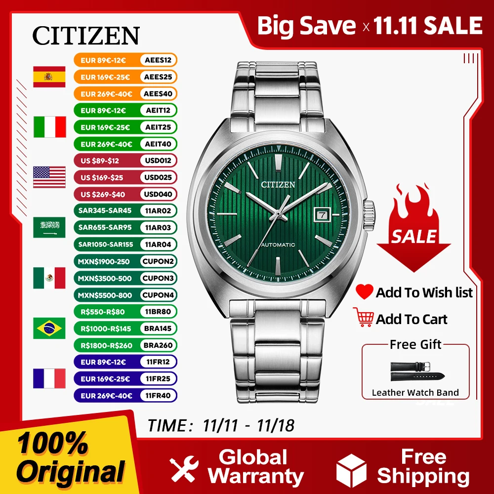 CITIZEN автоматические механические часы из нержавеющей стали для мужчин