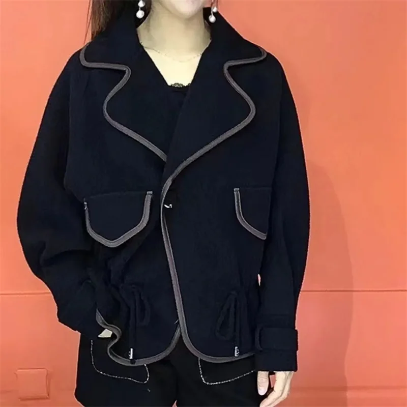 Женская двухсторонняя короткая куртка свободная шерстяная с длинным рукавом и