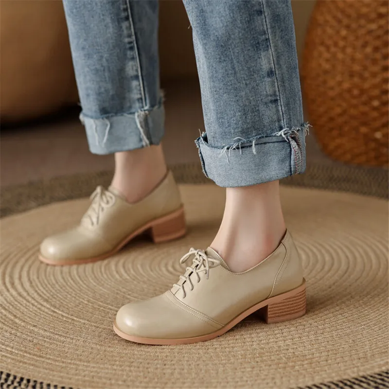 

Лоферы женские из спилковой кожи, французские туфли-лодочки в стиле ретро, с круглым носком, на массивном каблуке, на шнуровке, удобная обувь на низком каблуке, весна-осень