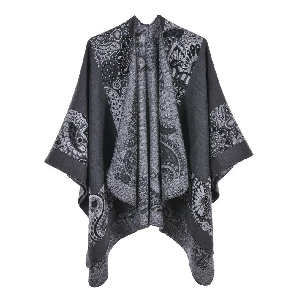 Autumn Winter Printing Double Faced Double sided Split Warm Cape Women Imitation Cashmere  Poncho Lady Capes Gray Cloaks