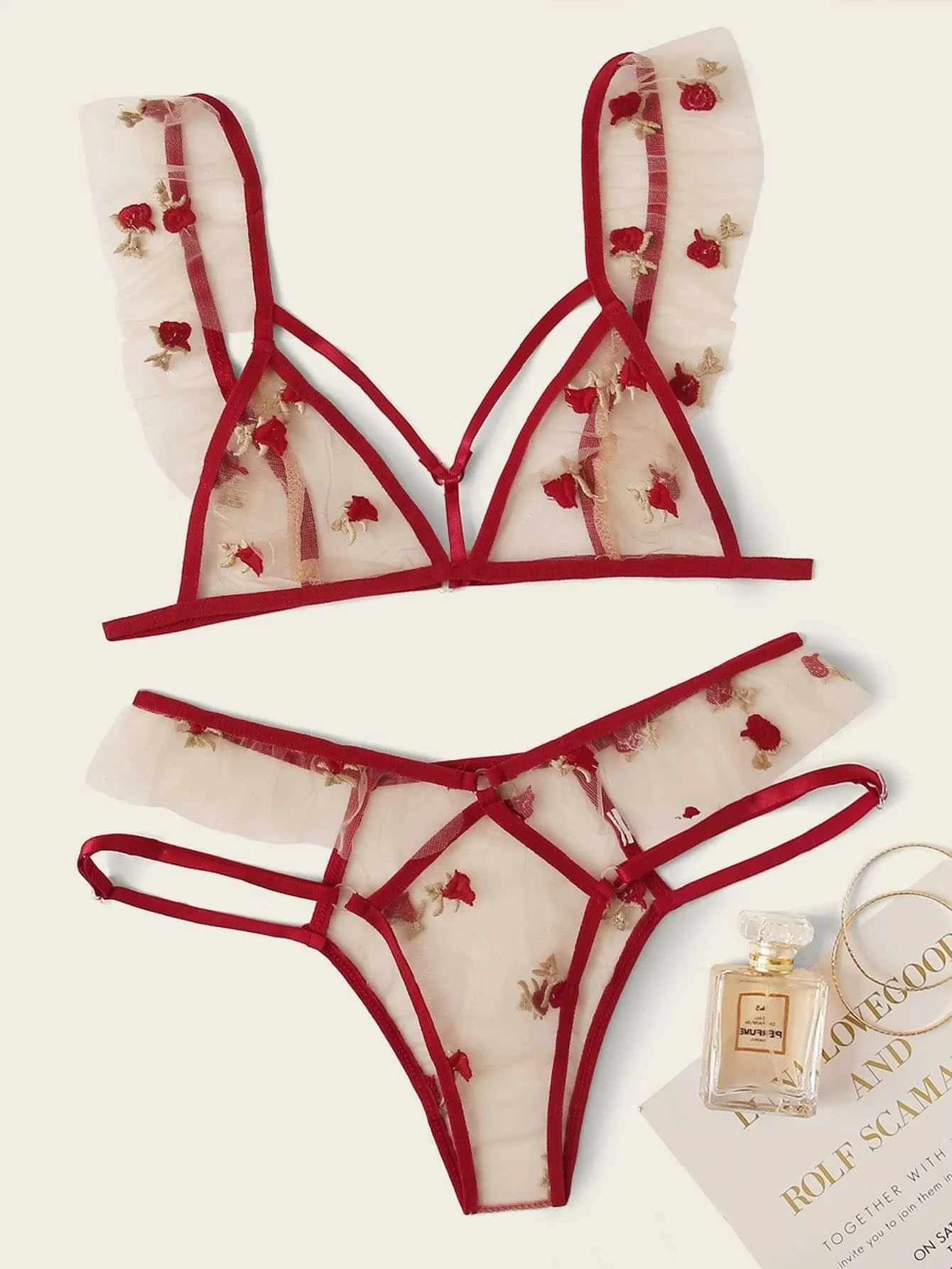 

Sexy three-point mesh perspective hollowed out red women's dew pajamas sexy underwear