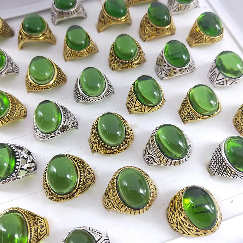 

Wholesale 20pcs European Big Oval Yellow/Red/Green Stone Rings for Women Opal Antique Silver Ring Vintage Wedding Jewelry