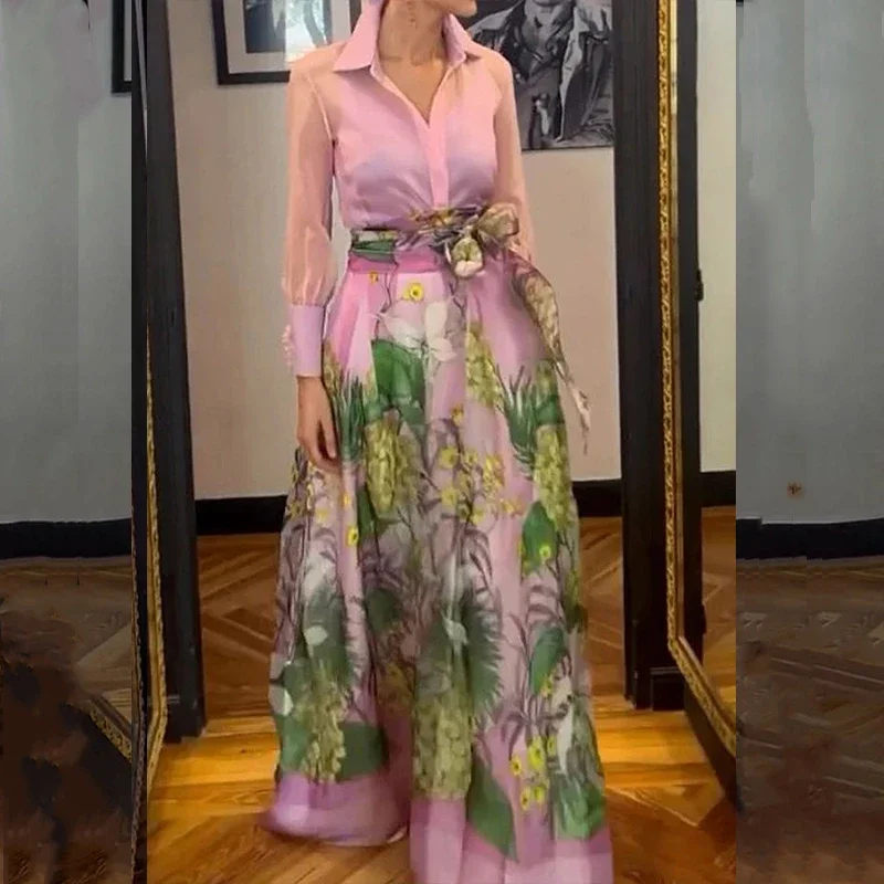 Повседневная рубашка с рукавами-фонариками лацканами + длинная юбка костюм 2024