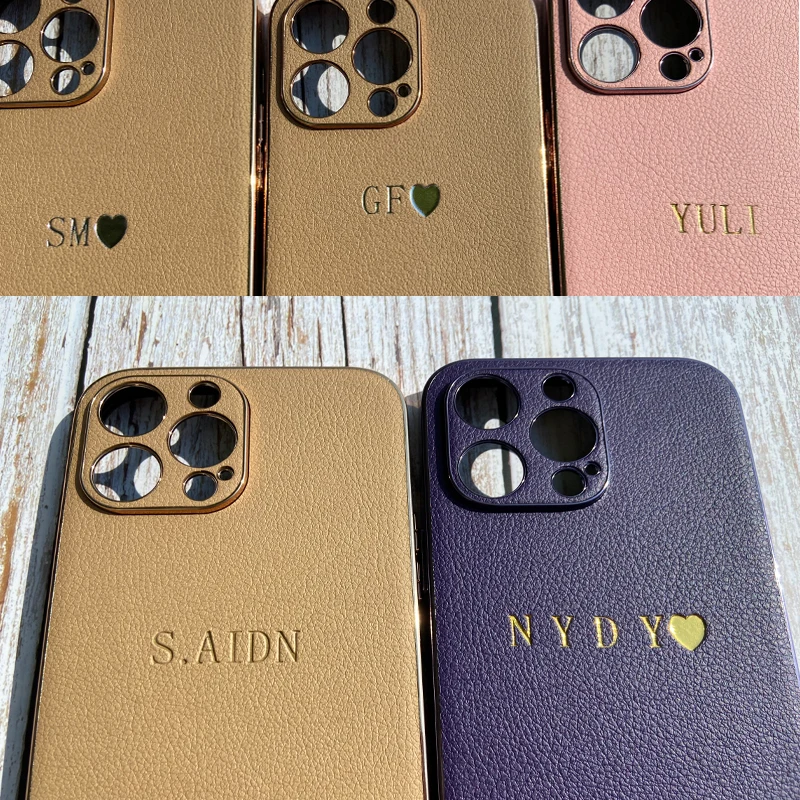 Luxury Lambskin Leather Plating Case For iPhone 14 13 12 11 Pro Max Personalised Customized Name Initial Letters Cover 14 Pro