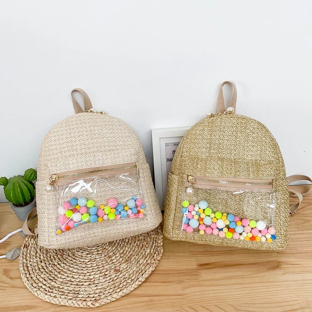 

School Bags Casual Summer Beach Travel Purse Retro Women Straw Woven Transparent Backpack Patchwork Handbags Rucksacks