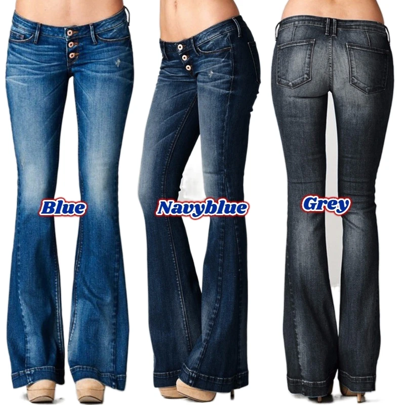 Low Waist Flared Women Jeans Loose Wide Leg Denim Pants Causal Button Up Bell Bottom Jeans Slim Fit Full Length Female Trousers