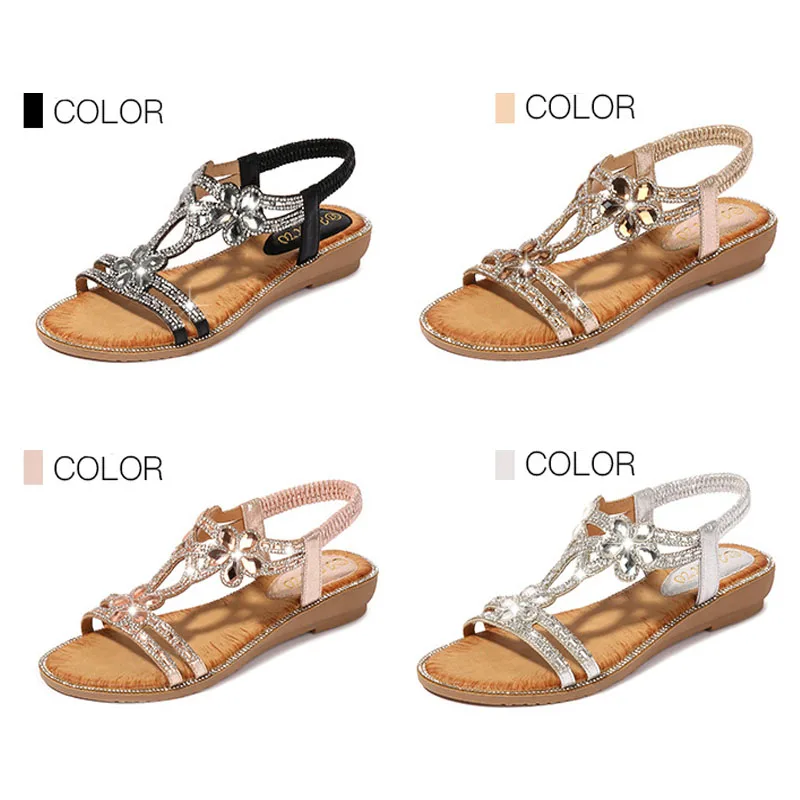 

2022 Summer Boho Style Women's Sandals Fashion Rhinestone Flower Sandals Outdoor Travel Beach Sandals Rome Ladies Slides Shoes