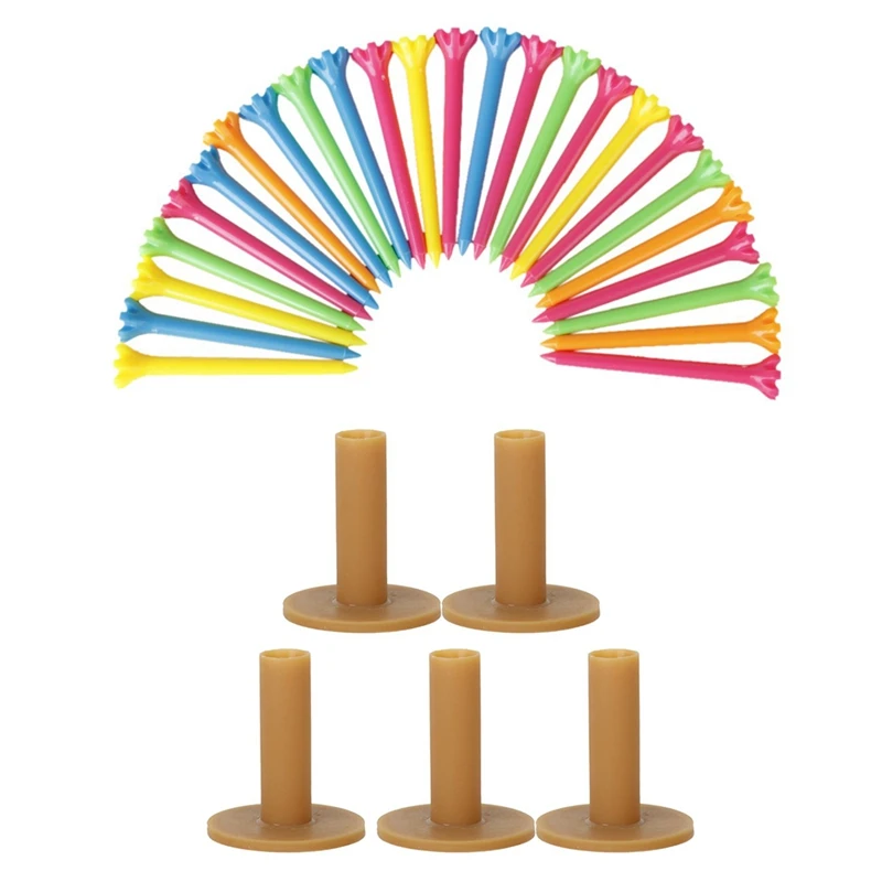 

25 Pcs 67 Mm Plastic Color Mixed Golf Tees Golfer Help Tool & 5 Pcs 80Mm / 3.15 Inch Durable Rubber Golf Tees-Coffee