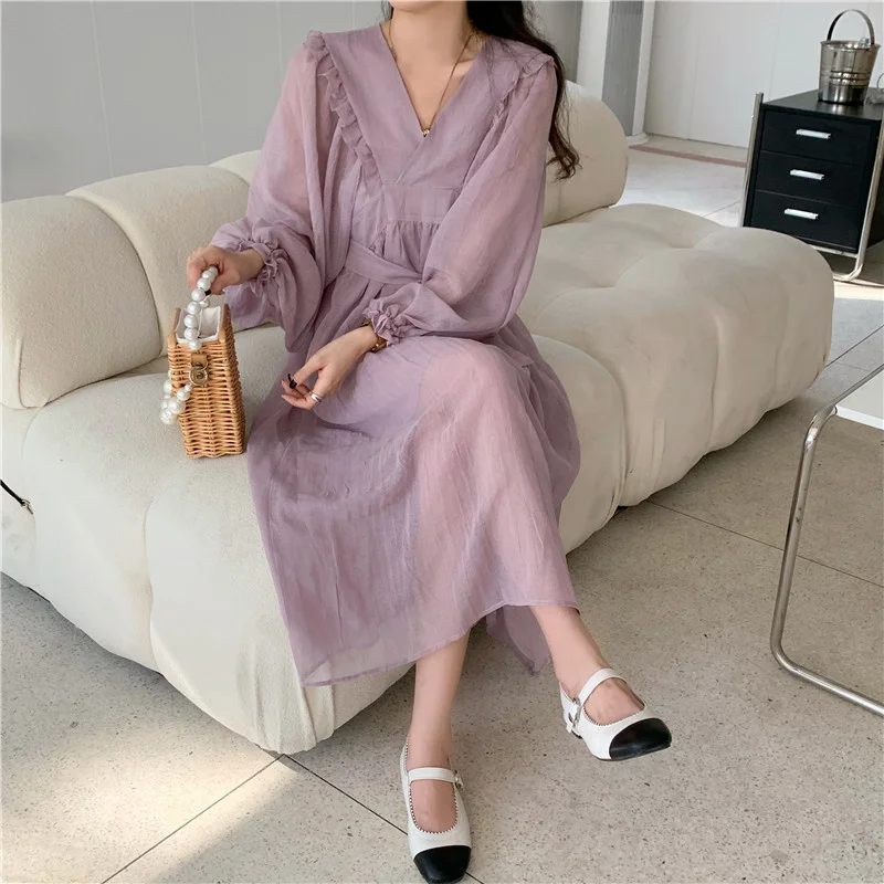 

Women's Dress French Romantic Purple Dress Spring 2022 New Korean Chic Waist Closing Gentle Lantern Sleeve Lace Up Long Skirt