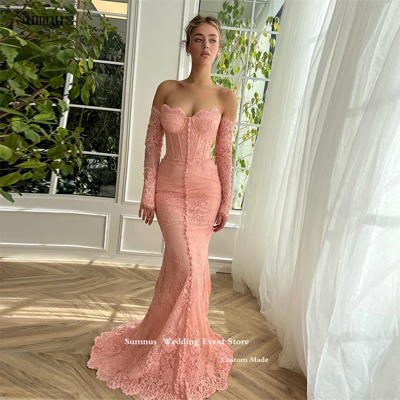 

Sumnus Pink Lace Mermaid Prom Dresses Strapless Appliques Buttons Elegant Evening Dresses For Women Luxury Vestidos De Gala