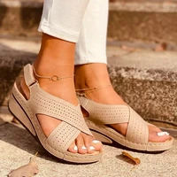 plus size43 womens sandals beige sewing women casual wedge shoes woman lady buckle strap hook loop soft platform female sandals