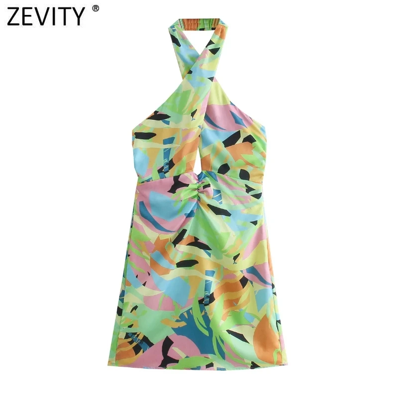 

Zevity, новинка, женское сексуальное мини-платье с принтом граффити, с перекрестной лямкой на шее, женское шикарное летнее пляжное платье с отк...