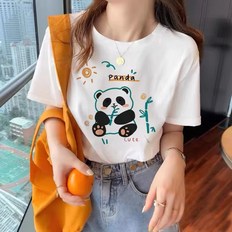 

Женская футболка с коротким рукавом, свободная Повседневная Удобная футболка с принтом милой панды в японском стиле, лето 2023