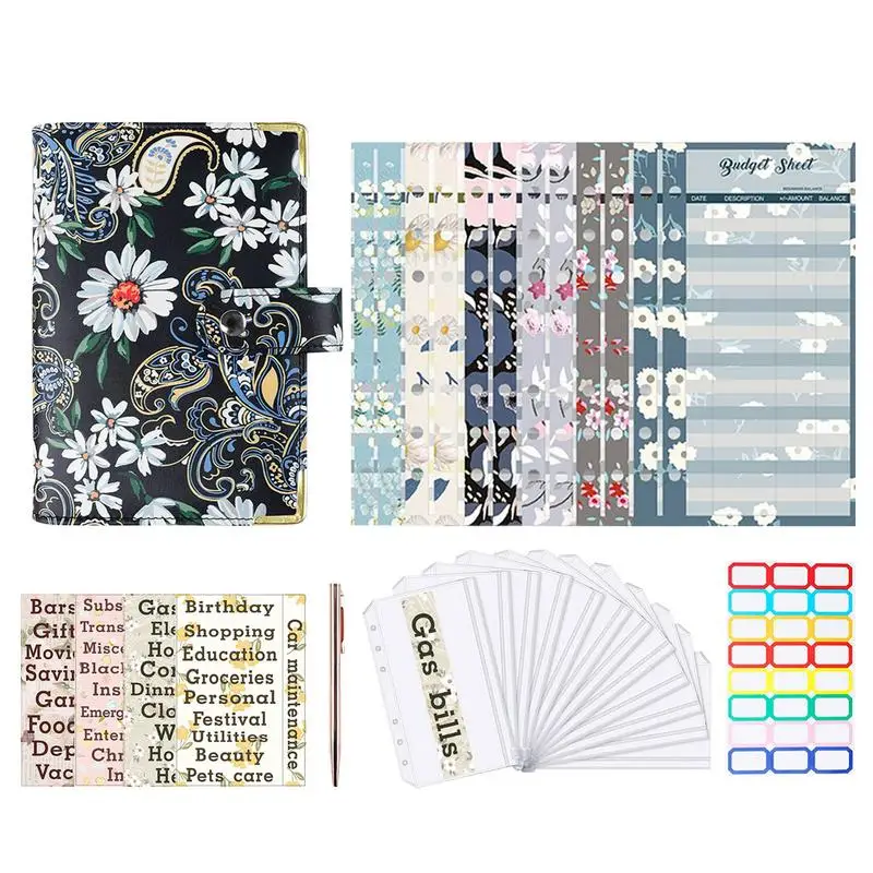 

A6 Budget Planner A6 Cash Envelope Notebook Binder A6 PU Leather Binder With 6 Rings 12 Budget Sheets 24 Label Stickers For