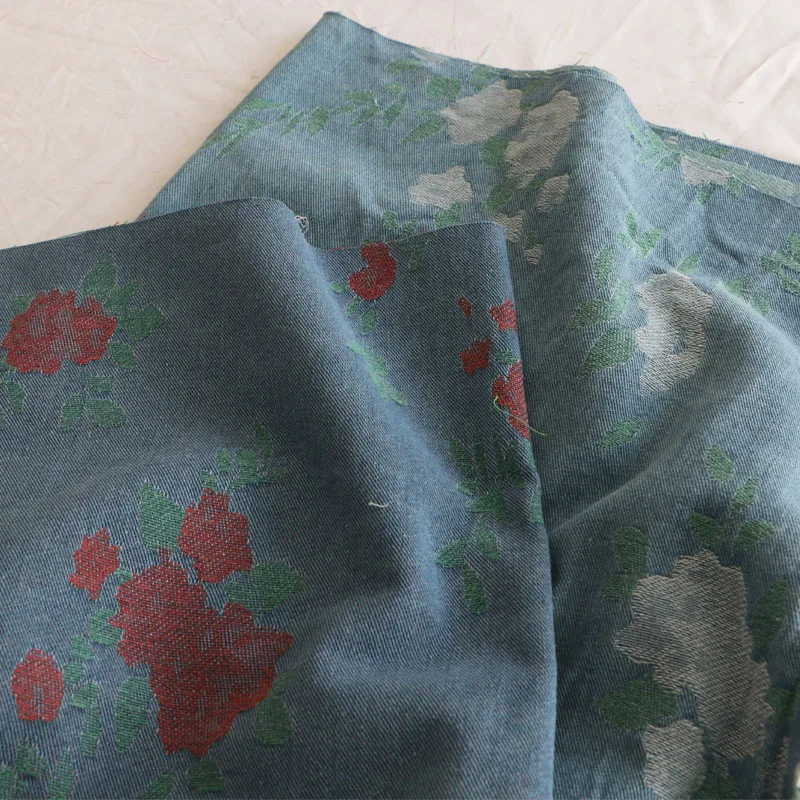 

Washed Denim Vintage Dark Pattern Flower Heavy Industry Yarn-Dyed Denim Jacquard Techniques Fashion Fabric DIY
