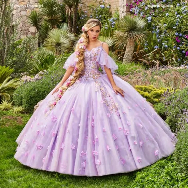 

Lavender Charro Quinceanera Dresses Ball Gown Spaghetti Straps Tulle Appliques Puffy Mexican Sweet 16 Dresses 15 Anos