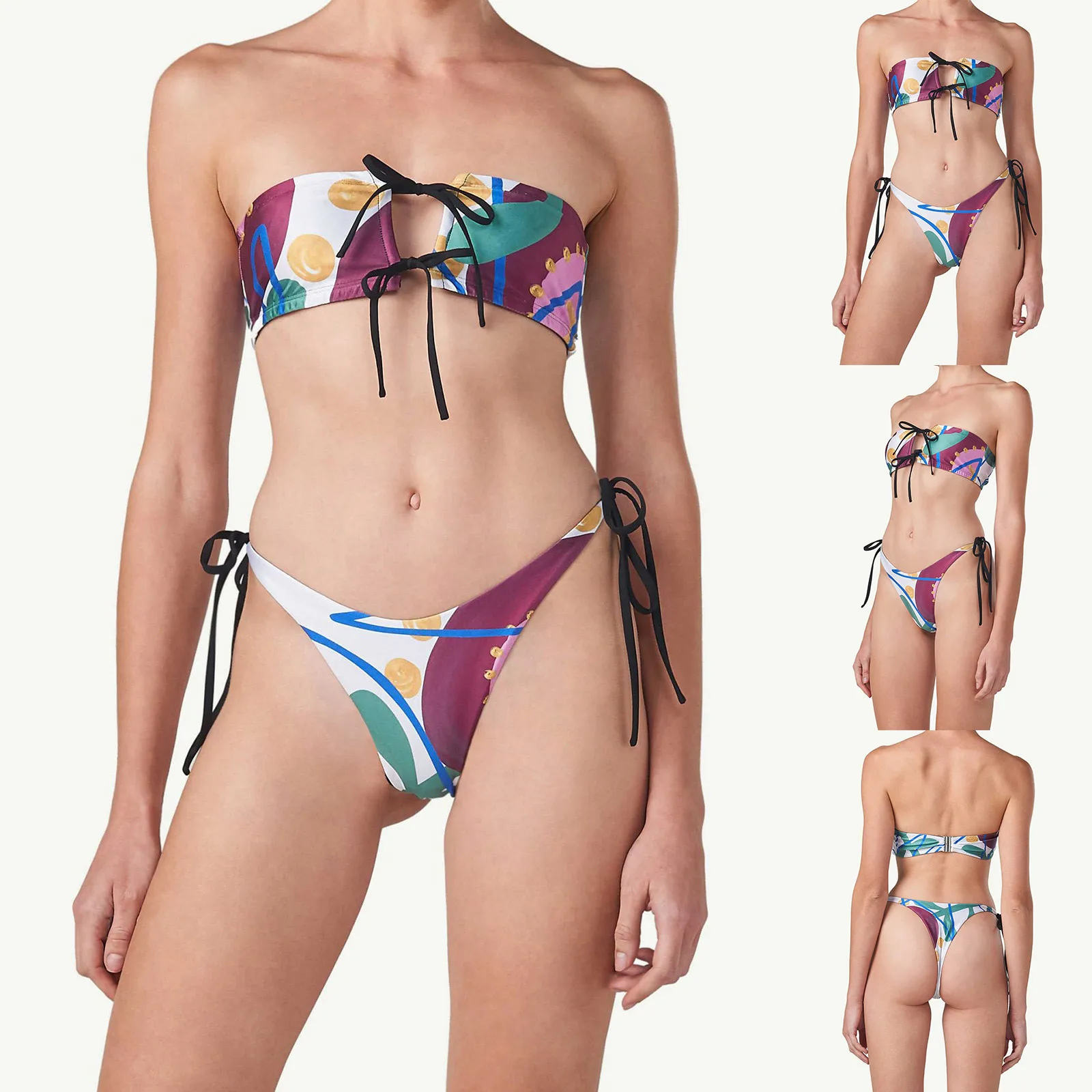 

Women's Fashion Bikini Sexy Bustier Bandeau Bikini Hot Hollow Out Lace Up Thong Slim High Waist Swimsuit Купальник Женский