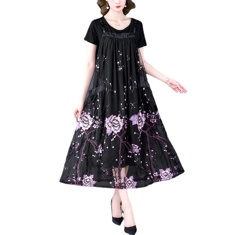 Женское платье макси с цветочной вышивкой черное Сетчатое винтажное в Корейском