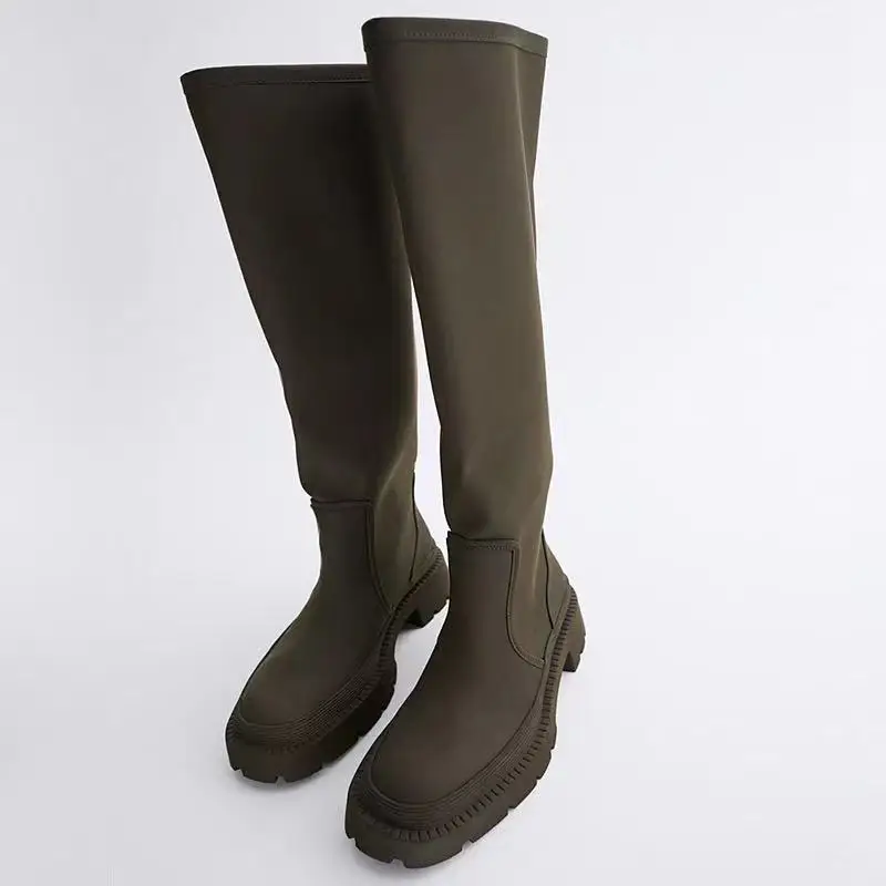 

Women Khaki Green Black Rubber Sole Boots Girls Long Slip on Platform High Boots Thick Thigh High Boots Streetwear Large Size