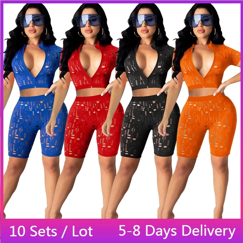 

Оптовая продажа товаров, сексуальный рваный комплект из двух предметов, женский прозрачный спортивный костюм с вырезами, короткий топ на молнии и велосипедные шорты
