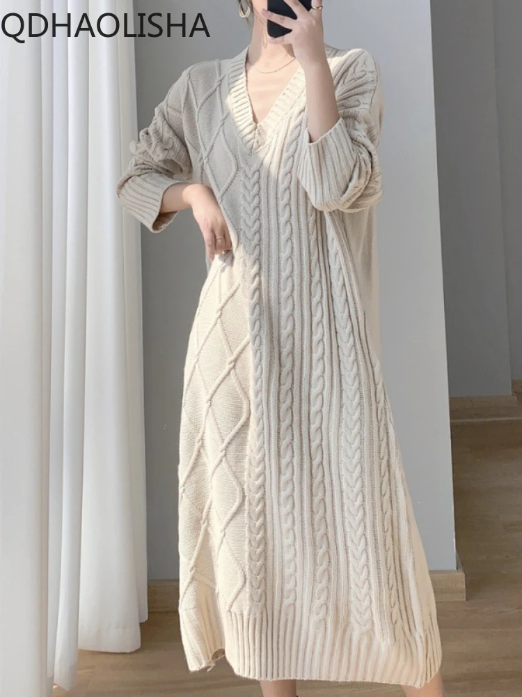 

Женское платье свитер осень-зима Корейская версия ретро длинный свободный крой Повседневный модный свитер вязаное платье женская одежда