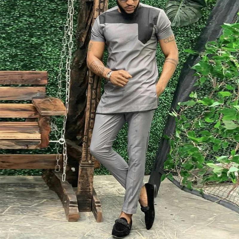 

New Dashiki Style Fashion Casual Color Matching Top Pants Suit Men Muslim Fashion Men's Two Piece Sets
