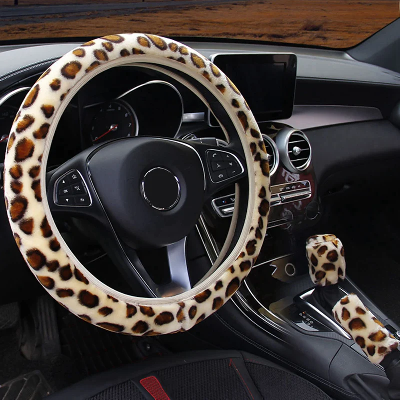 

3pcs/set Leopard Fluff Plush Car Steering Wheel Covers Winter Fur Hand Brake Gear Cover Set Car Interior Accessories Dropship
