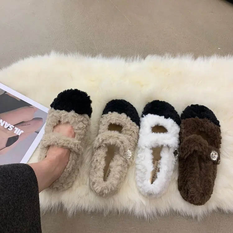 

Women Round Toe Loafers With Fur Mixed Colors Elegant Casual Female Sneakers Autumn Flat Shoes Slip-on Winter New Fall Dress Rom