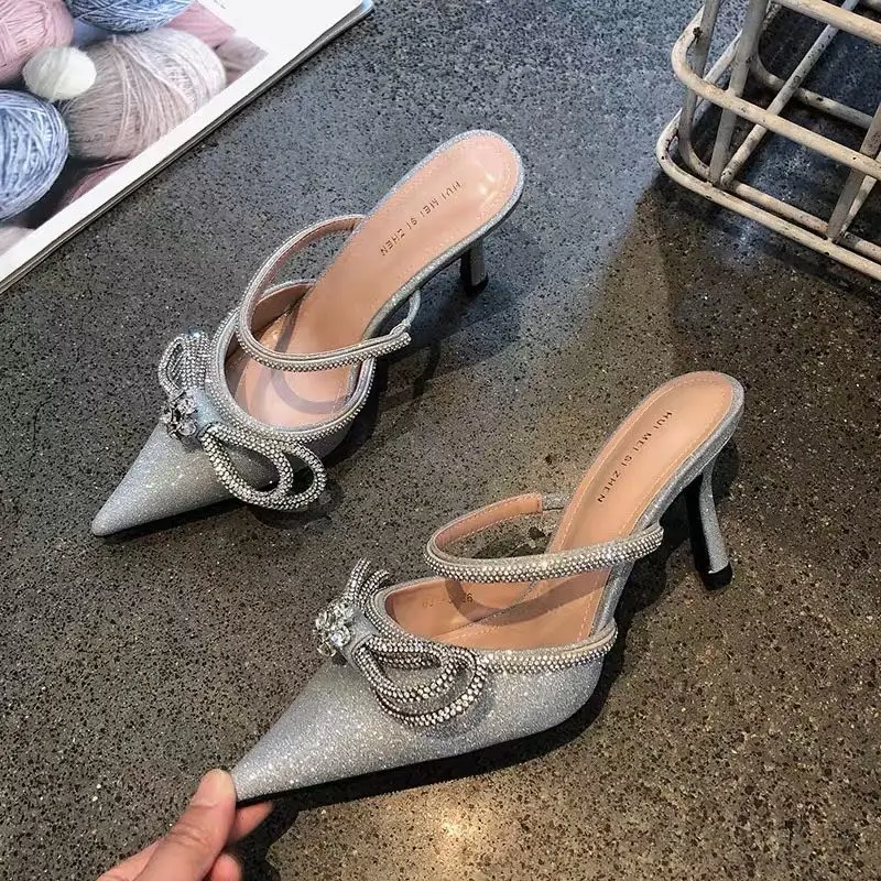 

FAFA 2023 New Fine Heel Low Help Sequins Pointed Satin Surface Rhinestone Bow Hollow A Word With Fashion Slippers Female