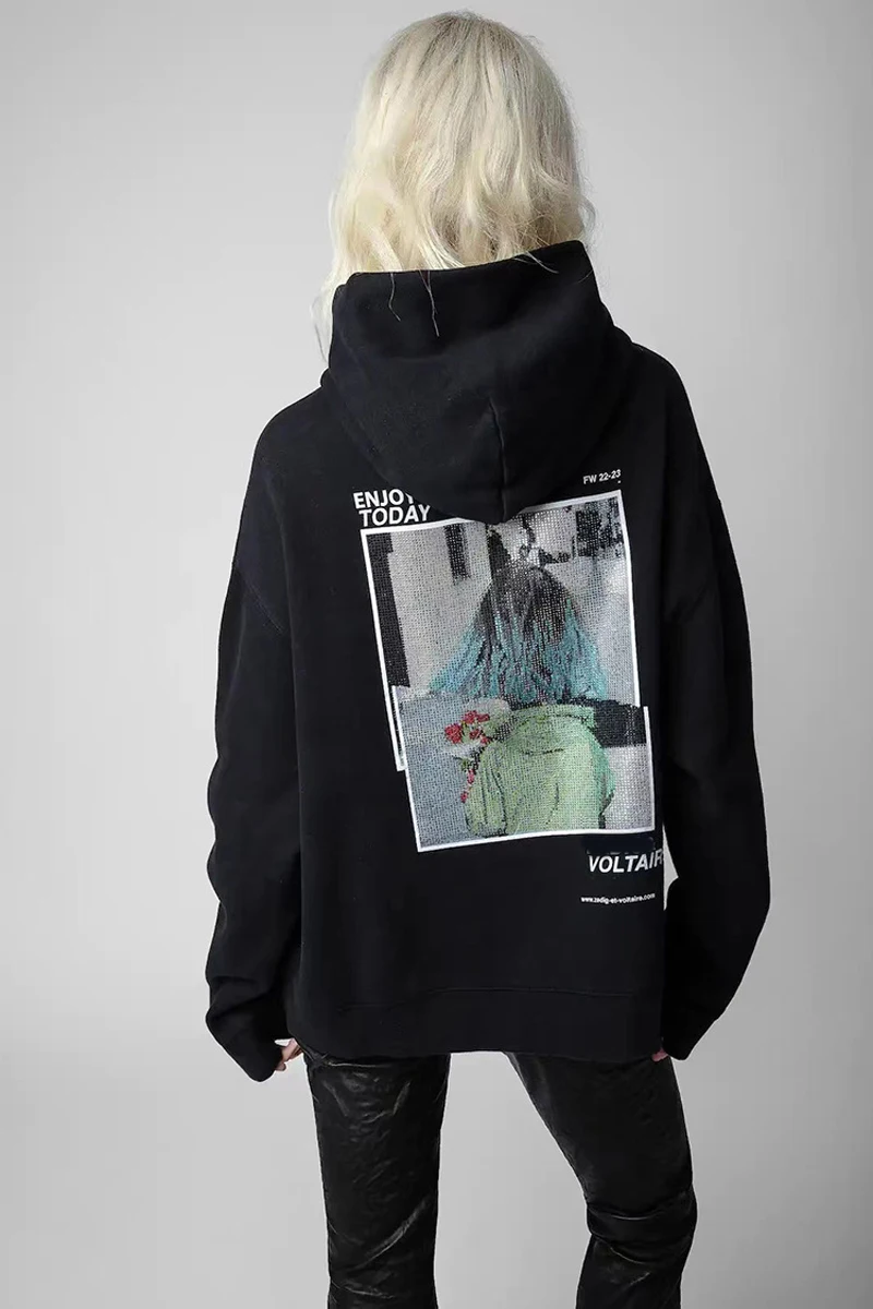 

Casual Brand Women's Sweater 2022 Autumn Winter New Digital Printing Hot Drill Fleece Warm Loose Cotton Black Hooded Pullovers