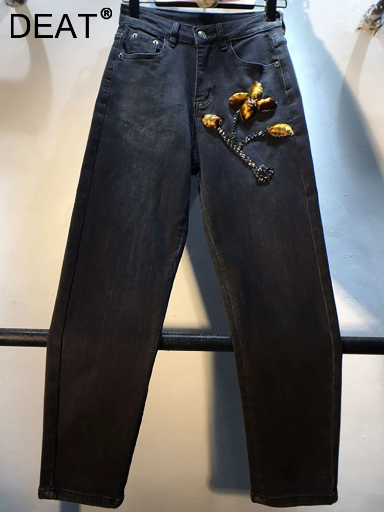 

Женские джинсы с высокой талией DEAT, облегающие золотистые бархатные брюки до щиколотки из денима с 3d цветами и стразами, Новинка осени 2023, 29L3769