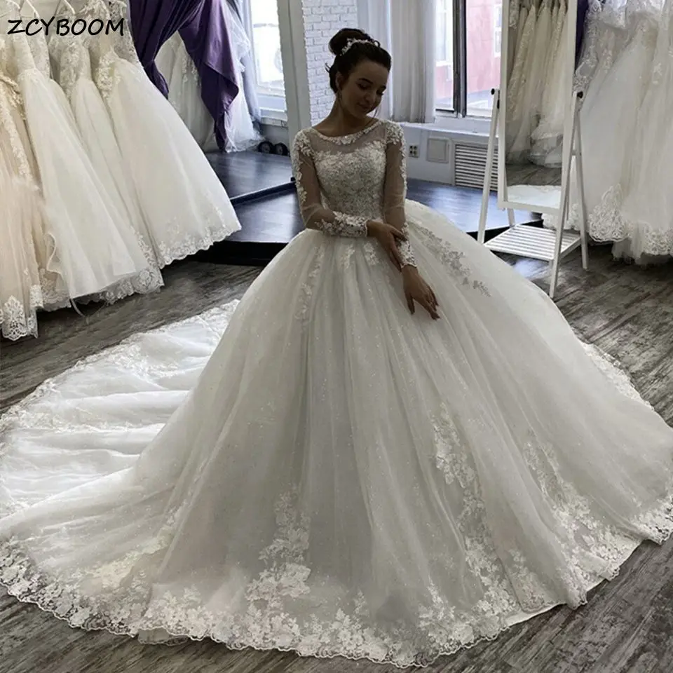 

Luxury Ball Gown Long Sleeves Wedding Dresses 2023 Sparkling White Ivory Scoop Neck Lace Appliques Bridal Gown Vestido De Noiva