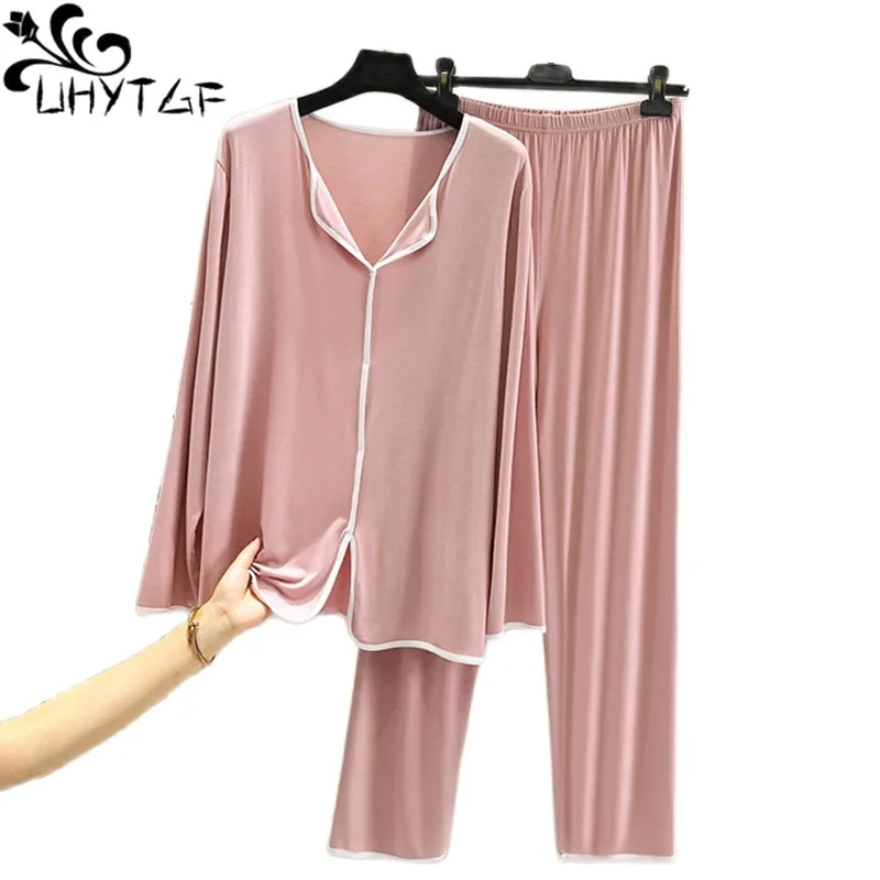 

UHYTGF Womens Pajamas 2022 Long Sleeve Pants Thin Home Clothes Two Piece Set Female Nightwear 2XL Big Size Sleepwear Ladies 2445