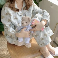 houzhou 2021 spring womens pajamas cute bear plaid cotton pijamas autumn home clothes pour femme sleepwear nightwear summer