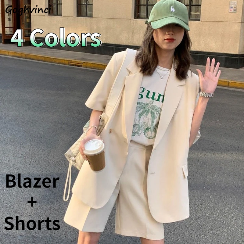 

Women Sets 2 Pieces Streetwear Cool College S-4XL Chic Short Sleeve Loose Blazers High-waist Wide-leg Shorts Korean Style Female