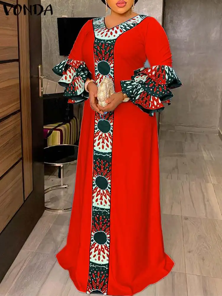

Bohemian Patchwork Summer Maxi Sundress VONDA 2023 Printed Party Dress Vintage 3/4 Sleeve V-Neck Casual Loose Ruffled Robe Femme