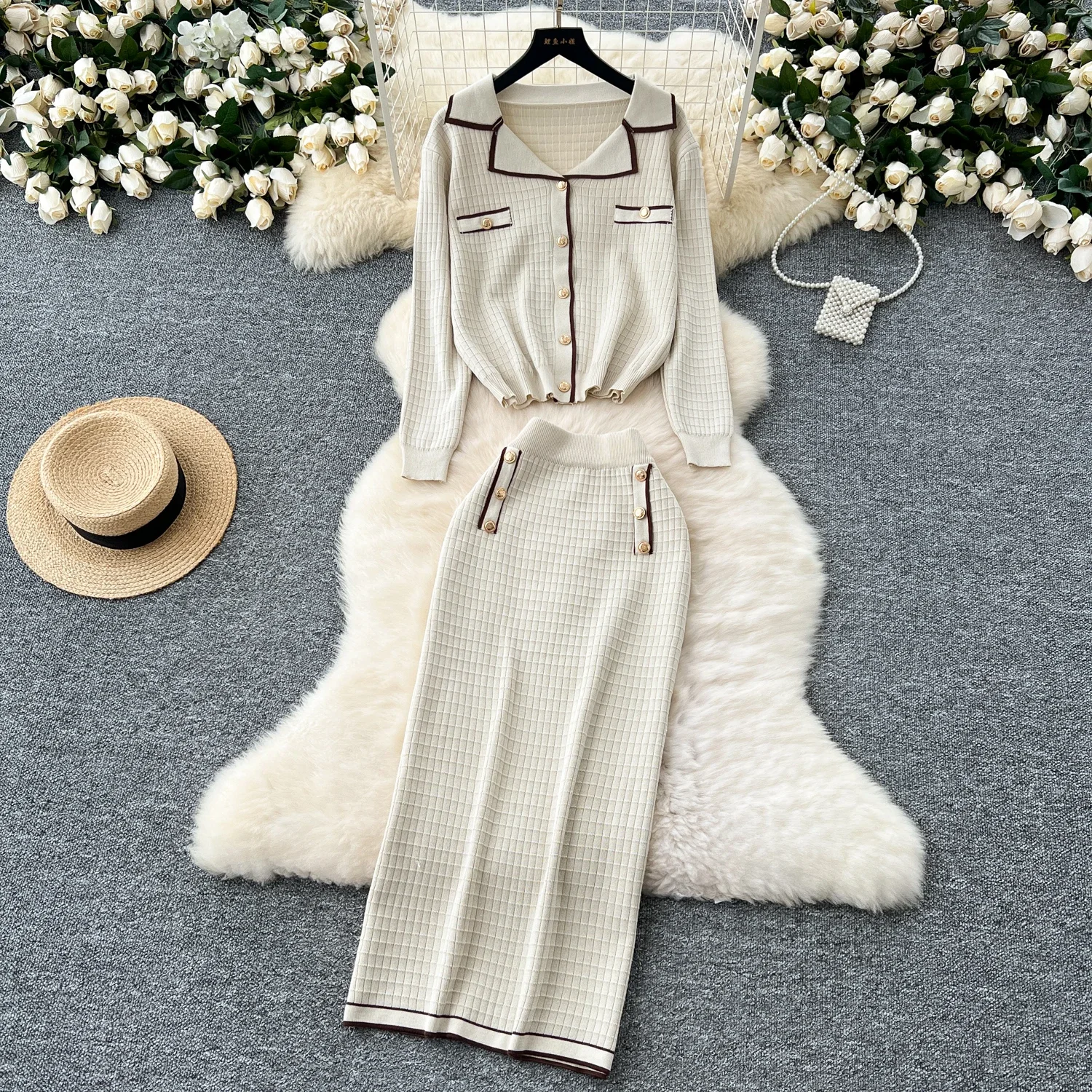 Шикарный вязаный женский комплект из двух предметов однобортный Тонкий Топ с