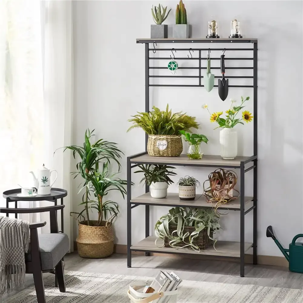 

4-Tier Kitchen Baker's Rack with Hooks, Gray