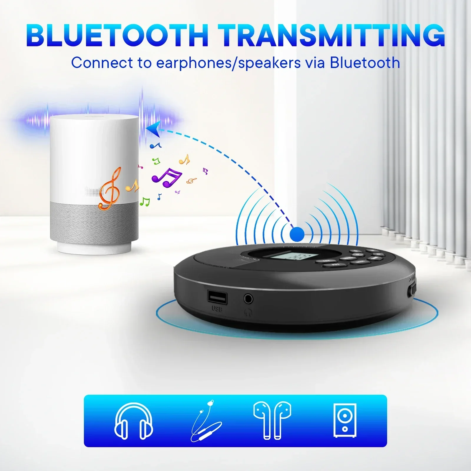 Портативный проигрыватель компакт-дисков MP3 с перезаряжаемым Bluetooth Discman