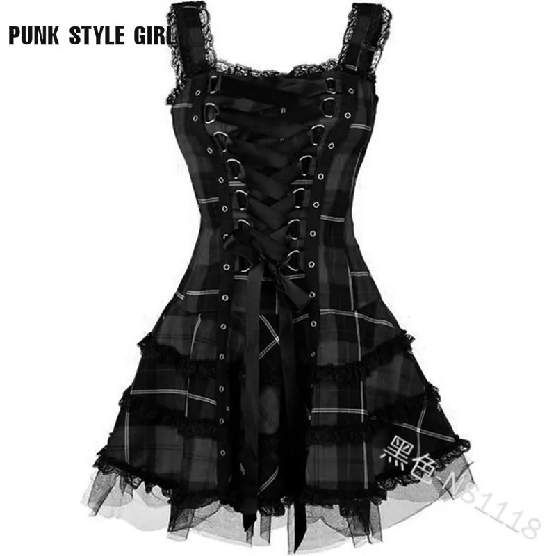 

Spaghetti Straps Y2k Gothic Dress Emo Alt Slim Medieval Short Robe Cosplay Costumes Women Sleeveless Cross Lace Up Kpop Dress