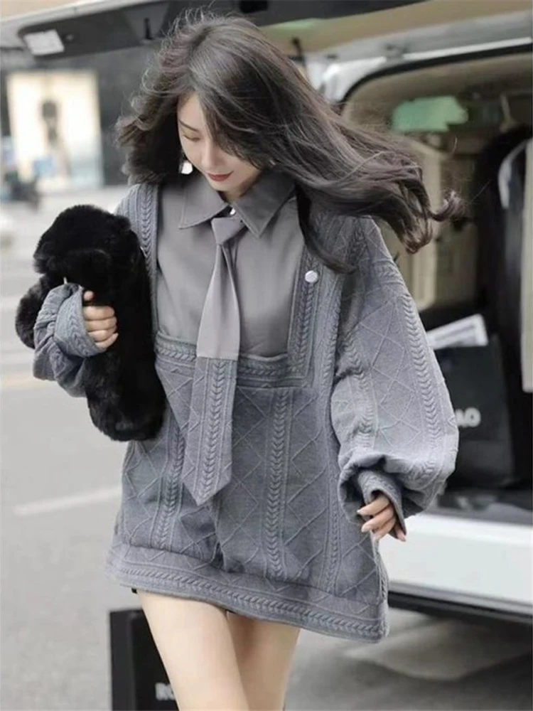 

Пуловер в стиле Харадзюку, толстовка с капюшоном, Женская свободная весенне-осенняя Толстовка-поло в стиле пэчворк, женские толстовки большого размера, женские толстовки