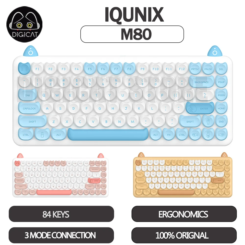 Iqunix M80 Kawaii Cat Колпачки для клавиатуры PBT 84 клавиши 3 режима USB/2 4 г/Bluetooth Беспроводная