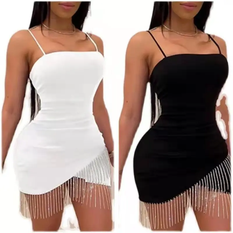 

Платье женское однотонное с бахромой, пикантное модное облегающее мини-платье стрейч на бретелях, без рукавов, для клубов и вечеринок, на ле...