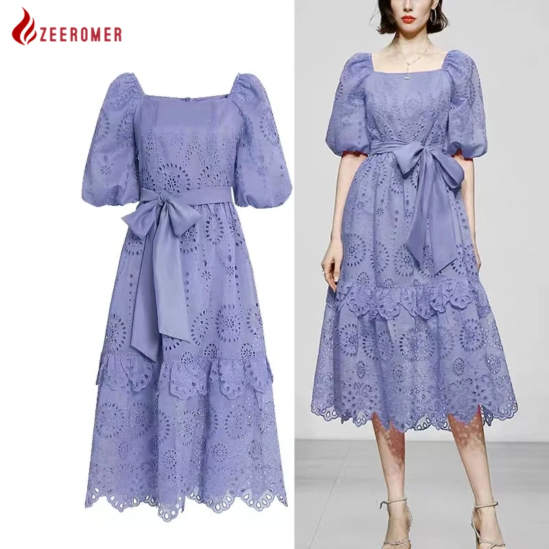 

2022 Summer New Runway Hollow Out Embroidery Dress Women Vintage Stand Neck Fashion Long Puff Sleeve Buttons Party Dress + Belt