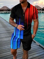 summer mens suit 3d color stitching print short sleeve polo shirt shorts suit fashion zipper polo shirt two piece set